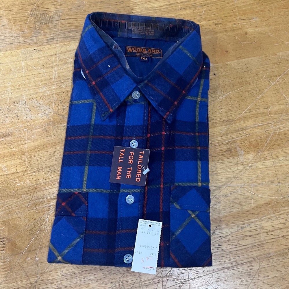 Vtg Woodland Blue Plaid Flannel Shirt Mens XXLT Tall Cotton Perma-Press NWT 90s